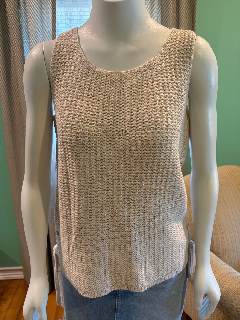 Marled Beige Knit Tank Top with Side Ties